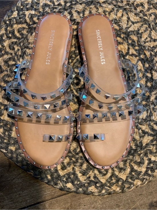 Sincerly Jules Shoes - Sincerly Jules Tabbi Metallic Studded Multi-Strap Slide Sandals